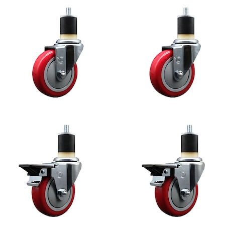 Service Caster 4'' Red Poly Wheel Swivel 1-7/8'' Expanding Stem Caster Set 2 Brakes, 4PK SCC-EX20S414-PPUB-RED-2-PLB-2-178
